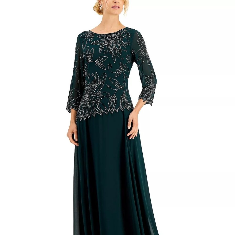 J KARA Beaded-Overlay Gown Hunter/Mercury Size 10
